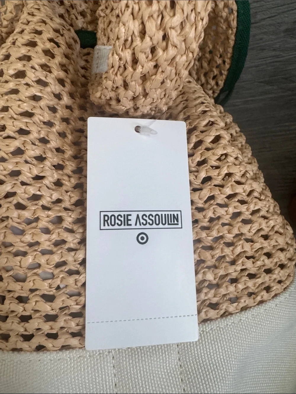 Rosie Assoulin x Target Straw & Cream Drawstring Bag w/Green Trim& Handle NWT